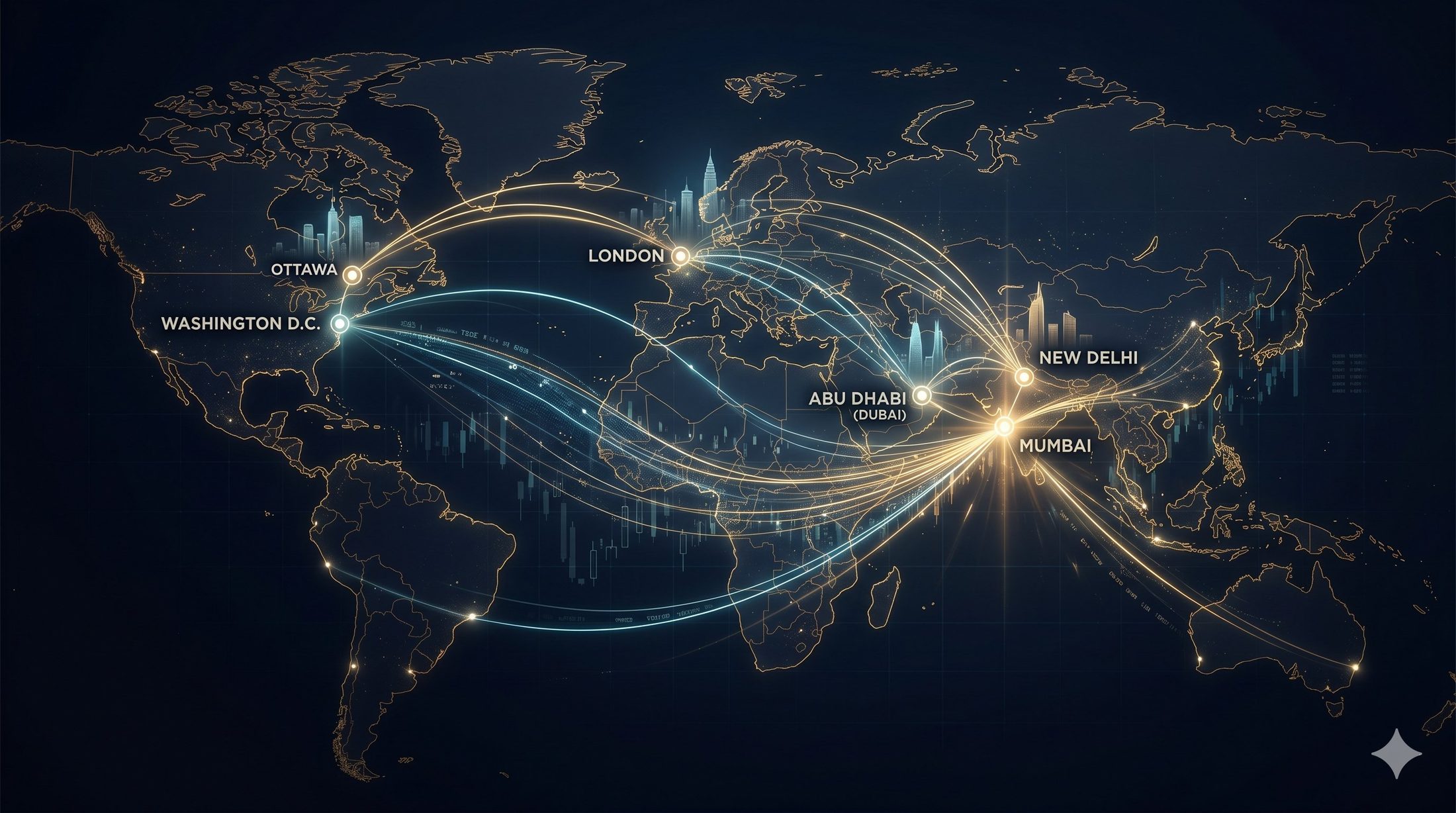 Stylised world map showing capital flows between global financial hubs including Mumbai, New Delhi, Abu Dhabi, London, Washington D.C. and Ottawa